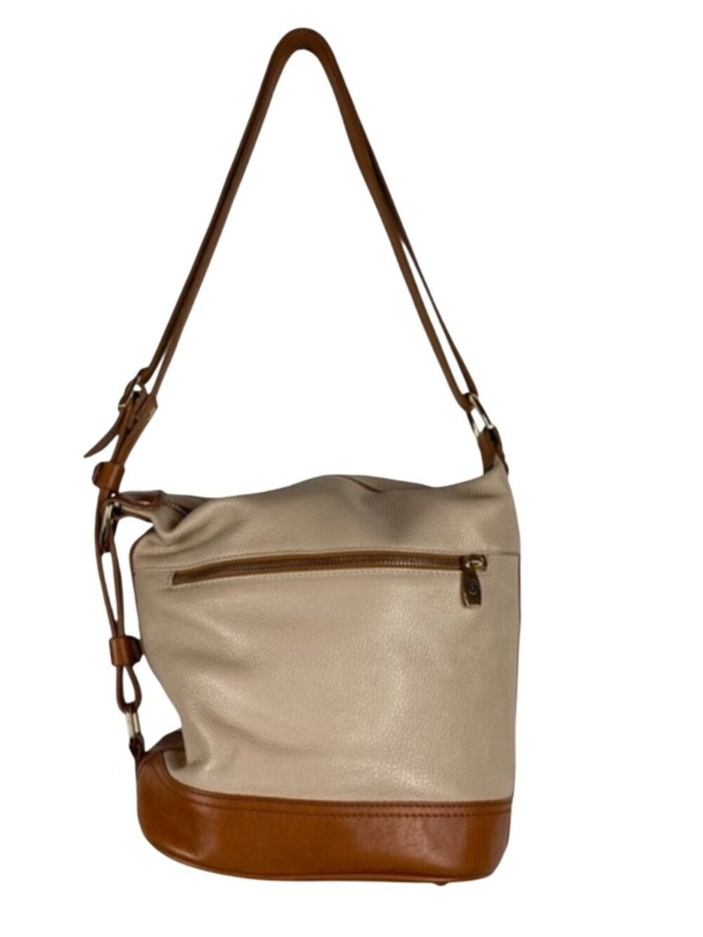Valentina Caramel Pebbled Leather Bucket Bag Adjustable Strap & Zip Closure